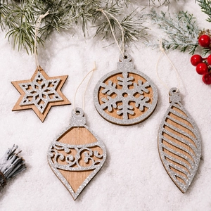 Set of 4 silver glitter wooden Christmas ornaments with star and snowflake designs