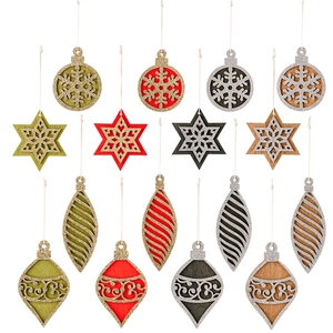 Set of 16 wooden Christmas tree ornaments with glitter patterns in festive colors