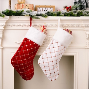Argyle Quilted Christmas Stocking Velvet Fireplace Hanging Gift Bag With Faux Fur Cuff Red White Sequin Holiday Decor