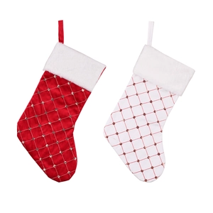 Red and white quilted satin Christmas stockings with plush trim and sequin details