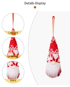 Detail display of Christmas gnome ornament with knitted hat and lanyard for tree decor