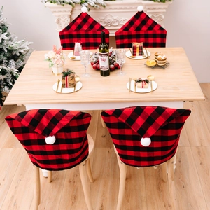 Set of 4 Red and Black Buffalo Plaid Christmas Hat Chair Covers for Dining Decor