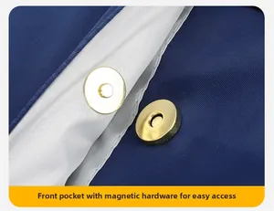Close-up of front pocket featuring gold magnetic buckle closure and durable textured fabric