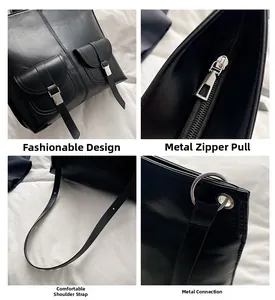 Detailansicht der schwarzen Retro-Ledertasche mit silbernen Metallschnallen und Reißverschlüssen