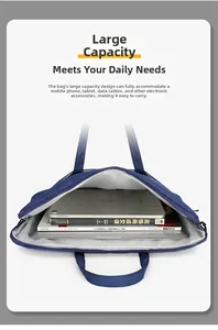 Detail view of large capacity accessory compartment in navy blue nylon laptop bag