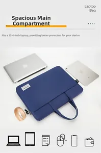 Flat lay of navy blue laptop bag for 15.6 inch computer with accessories on clean desk