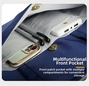 Detail of the multifunctional front pocket with compartments for phone, power bank and pens