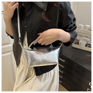 Close-up of a silver dumpling bag featuring metallic texture and stylish pleated design
