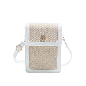 Elegant white canvas and PU leather small crossbody square bag with a floral metal clasp