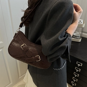 Brown crocodile pattern hobo shoulder bag with metal buckle and adjustable strap