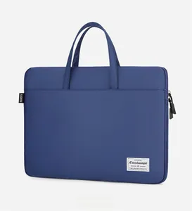 Side view of dark blue slim laptop briefcase with reinforced handles and durable nylon fabric