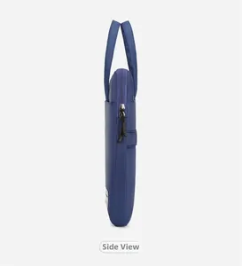 Side view of dark blue shockproof laptop bag with zipper closure and carry handle