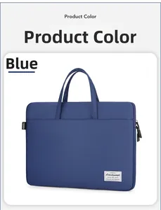 Macro shot of durable blue Oxford fabric texture and woven brand label on the laptop bag