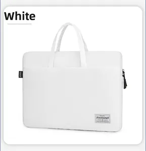Detail view of white laptop briefcase with fashion label and zipper structure