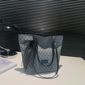 Sac Fourre-tout de Mode pour Femmes Grande Capacité Imprimé à Pois et Cœur Style Coréen Sac à Bandoulière Avec Nœud en Dentelle