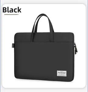 Close-up of black nylon student handbag with multi-layer storage and fashion labels