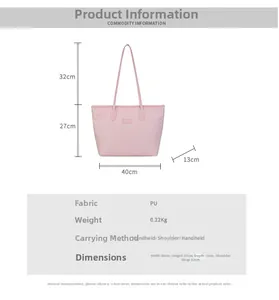 Pink woven PU tote bag detail showing dimensions 40x27x13cm and 0.22kg lightweight design