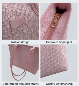 Macro details of pink woven tote bag featuring gold hardware and leather shoulder strap