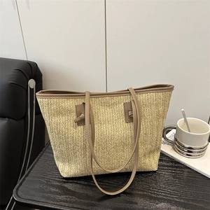 Borsa Tote da Donna di Grande Capacità in Paglia Intrecciata Estiva Boho Mare Vacanza Borsa a Spalla Con Manico in Pelle PU Mano