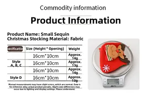 Size chart for small sequined Christmas stockings with reindeer and snowflake details