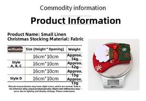 Detailed size chart showing small linen Christmas stockings 16cm by 10cm specifications
