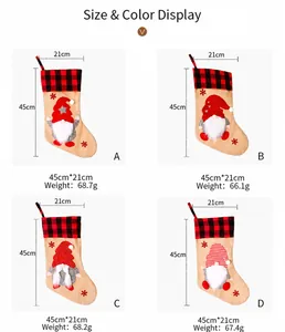 Size chart for 45x21cm Christmas stockings featuring red and black plaid gnomes