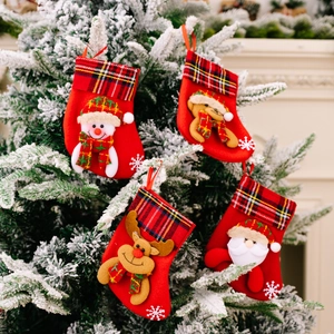 Plaid Trim Christmas Stocking Fabric Cartoon Santa Snowman Reindeer Bear Xmas Tree Hanging Ornament Festive Gift Bag Decor