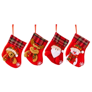Set of 4 red Christmas stockings with plaid trim and 3D Santa, Snowman, Bear, Reindeer