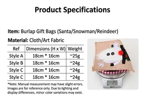 Detailed size chart and weight specifications for Christmas burlap gift tote bags