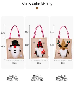 Christmas burlap gift bag size chart showing 18cm x 16cm dimensions for various cartoon designs