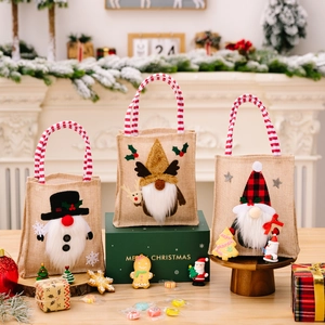 Set of 3 Christmas burlap gift bags featuring 3D gnome and snowman plush embroidery