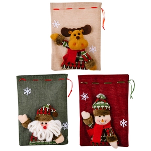 Christmas burlap gift bags with 3D Santa, Reindeer and Snowman plush drawstring design