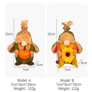 Detailed view of fall harvest gnomes featuring pumpkins, sunflowers and burlap texture