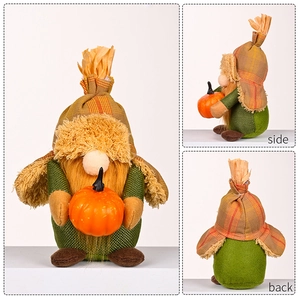 Three-sided view of harvest gnome plush with sunflower, pumpkin, and plaid hat details