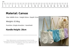 Size specifications and macro detail of canvas tote bag with bubble texture and bows