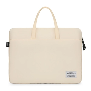 Minimalist beige laptop handbag with dual handles and spacious front pocket for business