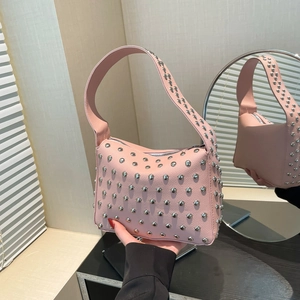 Sac à Épaule Femme en Cuir PU avec Rivets Style Punk Sac Sous le Bras Couleur Unie Streetwear Mode Sac à Main Hobo