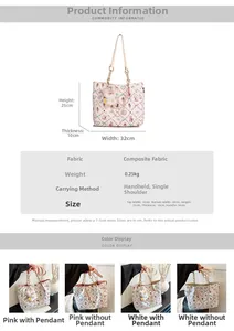 Detailed view of cartoon printed tote bag with chain strap and specific size dimensions