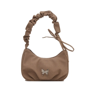 Brown corduroy crescent hobo bag with pleated handle and silver butterfly charm