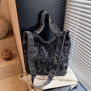 Women Washed Denim Tote Bag Large Capacity Street Style Raw Edge Letter Patch Shoulder Crossbody Bag Casual Daily Handbag