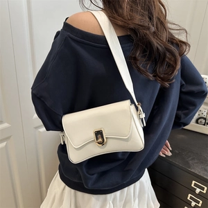 Minimalist cream white shiny leather shoulder bag with golden metal buckle for women