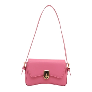 Pink minimalist crossbody bag with gold metal lock and leather strap on white background