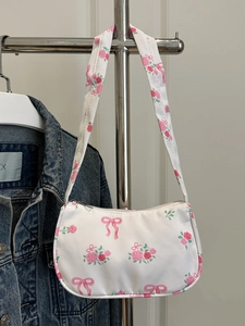 Borsa a Spalla da Donna con Stampa Floreale di Rose e Fiocco Dolce Retrò Effetto Satina Piccola Borsa Sottobraccio