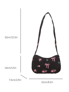 Borsa a tracolla nera chic con rose e fiocchi rosa, misure dettagliate incluse