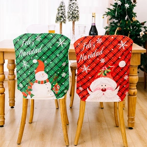 Plaid Christmas chair covers with Snowman and Santa motifs for festive dining decor