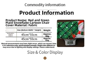Size chart for red and green plaid Christmas chair covers with snowmen and snowflakes