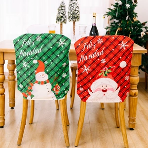 Christmas Dining Chair Back Covers Set Red Green Plaid Pattern Santa Claus Snowman Print Polyester Fabric Holiday Home Table Decorations