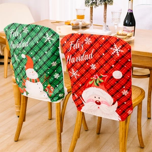 Christmas chair covers set with red green plaid and festive Santa Claus snowman motifs