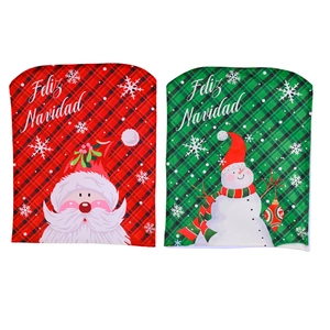 Christmas chair covers featuring Santa and Snowman motifs with Feliz Navidad typography