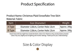 Size chart showing dimensions and technical specifications for the Christmas tree skirt